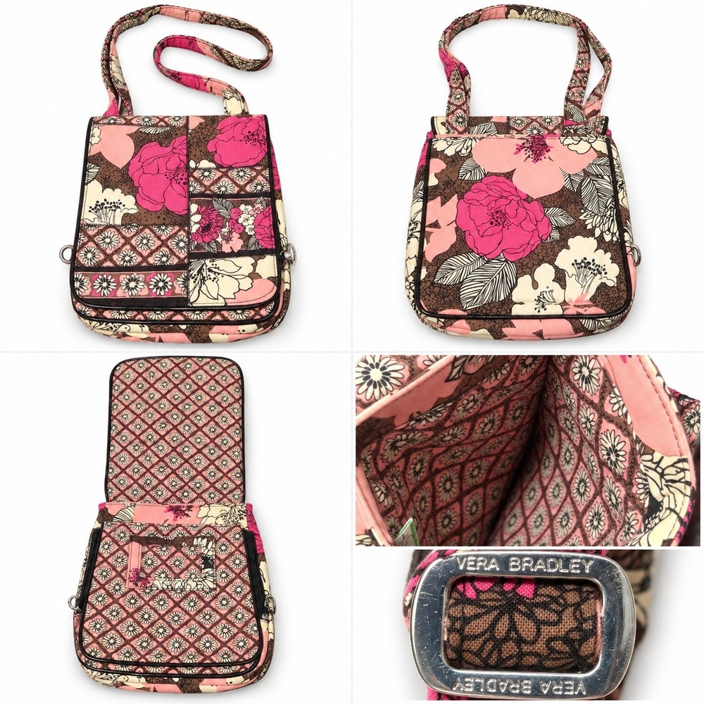 Vera Bradley Pink Brown Floral Patchwork Quilted Cotton Crossbody Messenger Bag